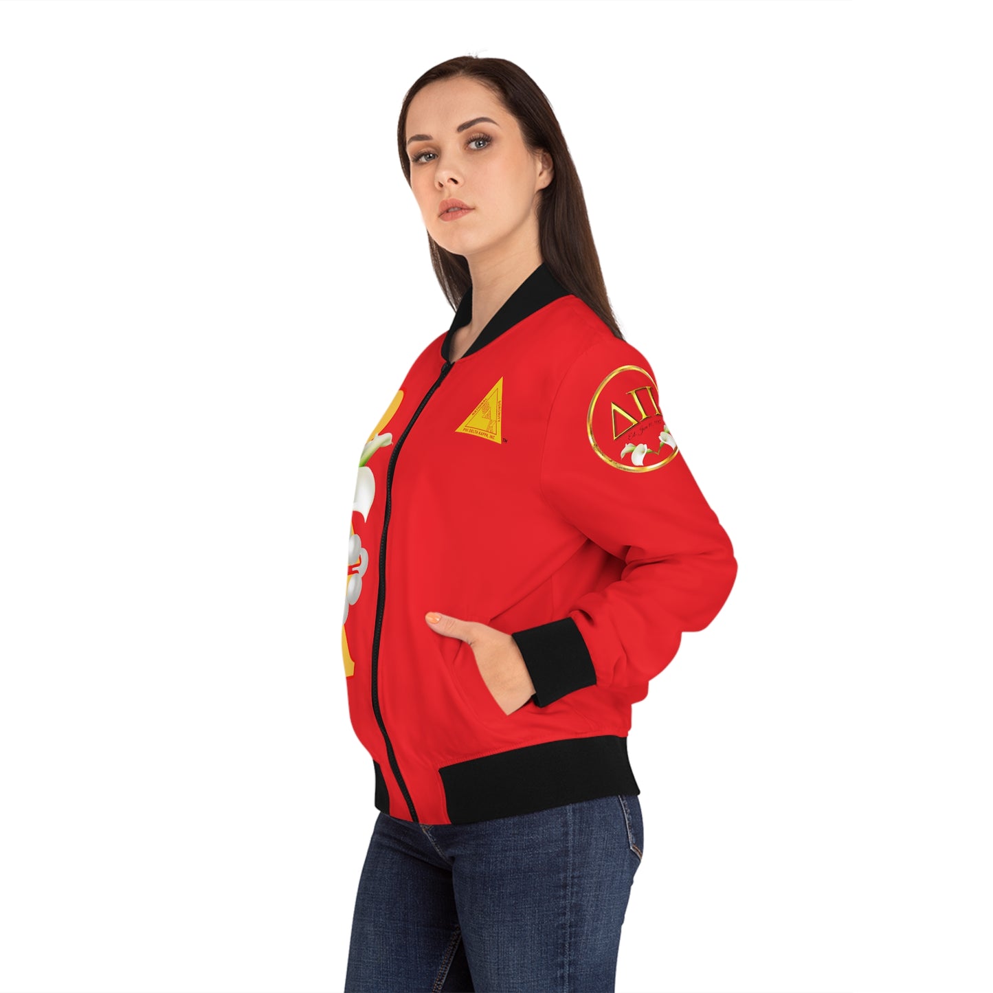 Women's Bomber Jacket Classic (AOP) Delta Pi Can be personalized