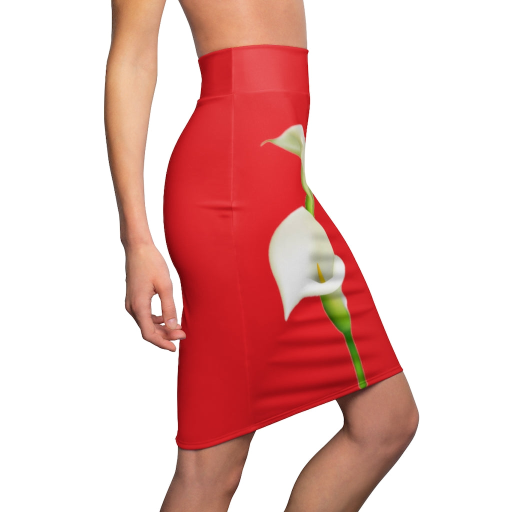 Calla Lily Love Pencil  Skirt Red