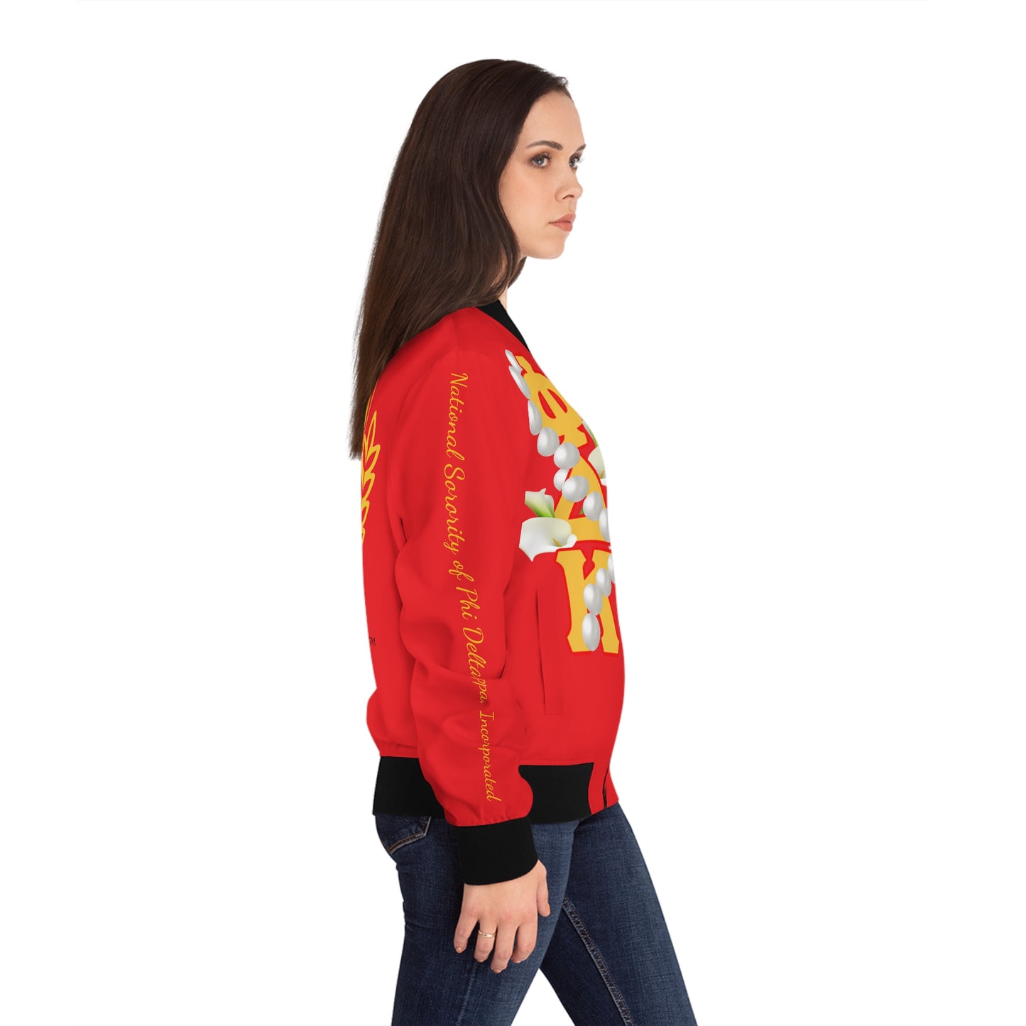 Women's Bomber Jacket Classic (AOP) Delta Pi Can be personalized