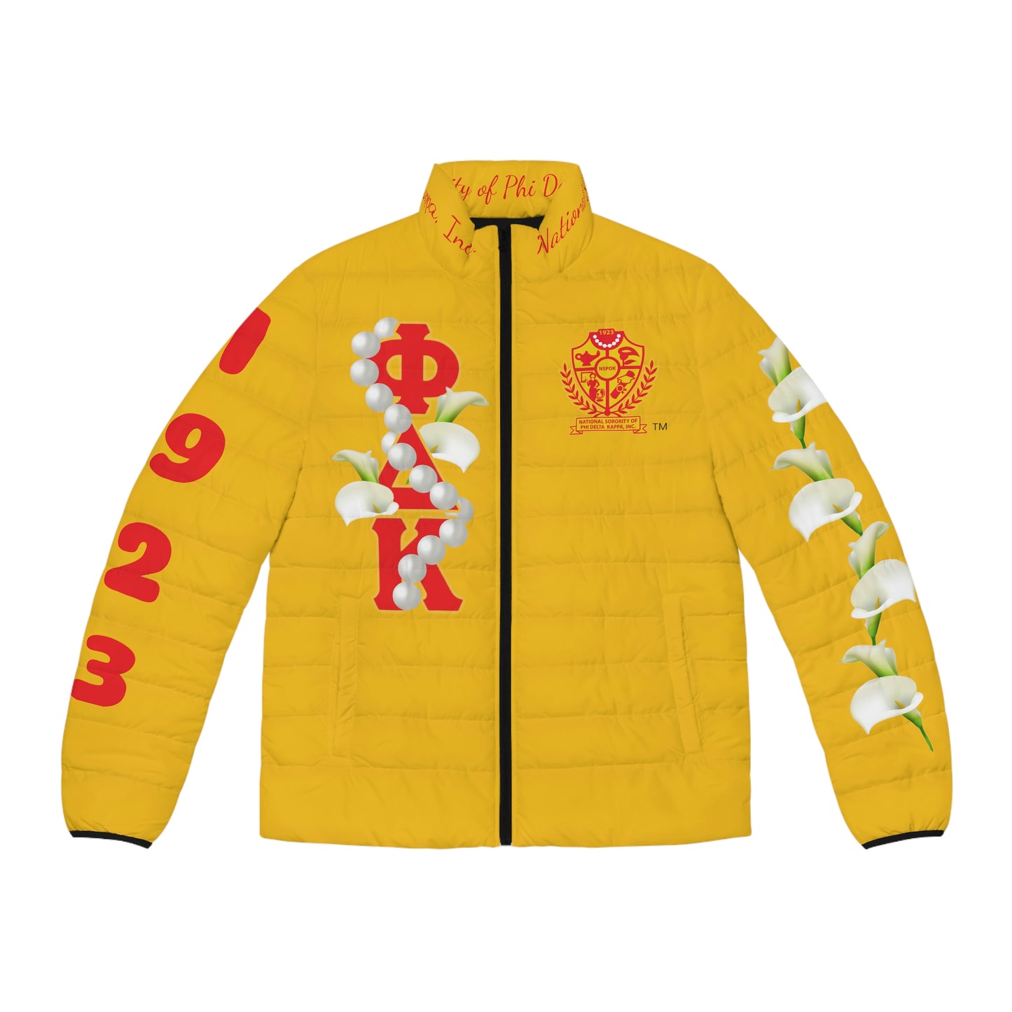 Unisex Puffer Jacket Yellow (AOP) Use sizing chart for best fit.