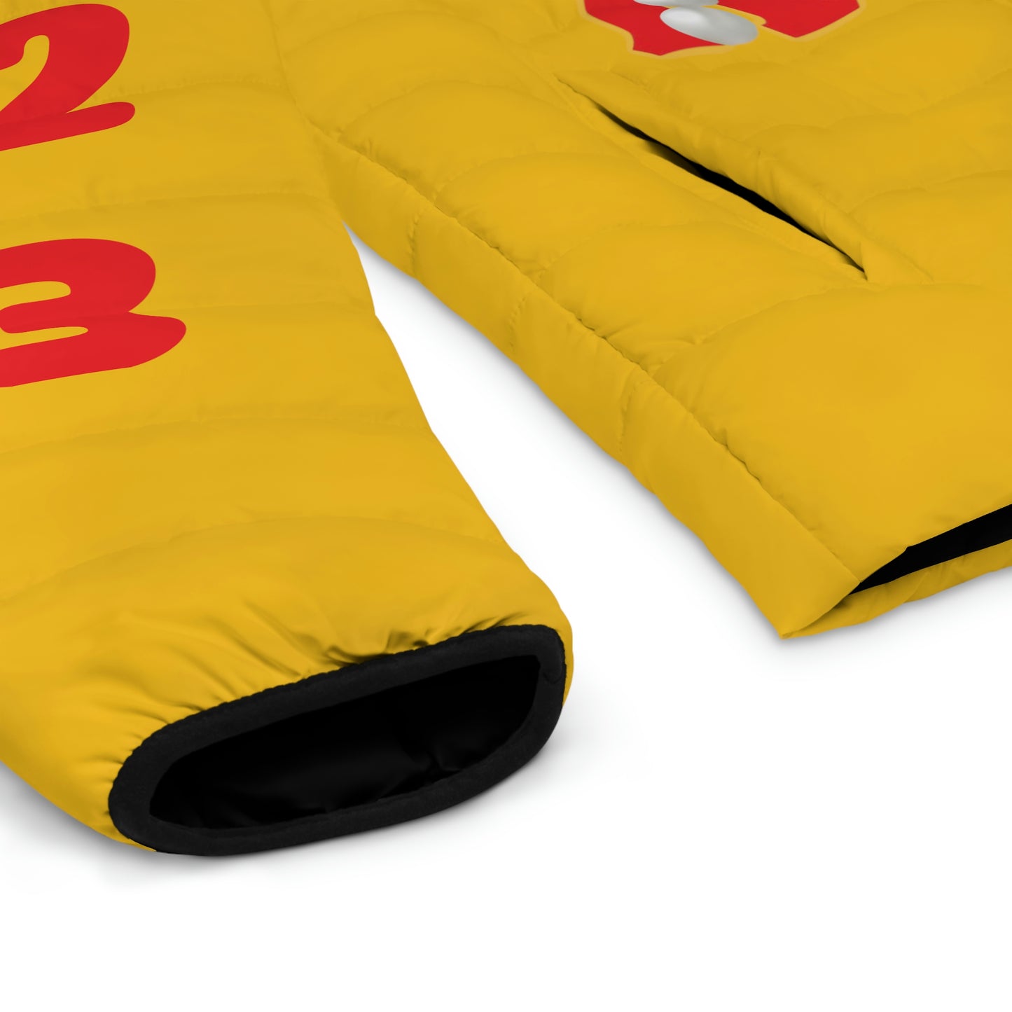 Unisex Puffer Jacket Yellow (AOP) Use sizing chart for best fit.