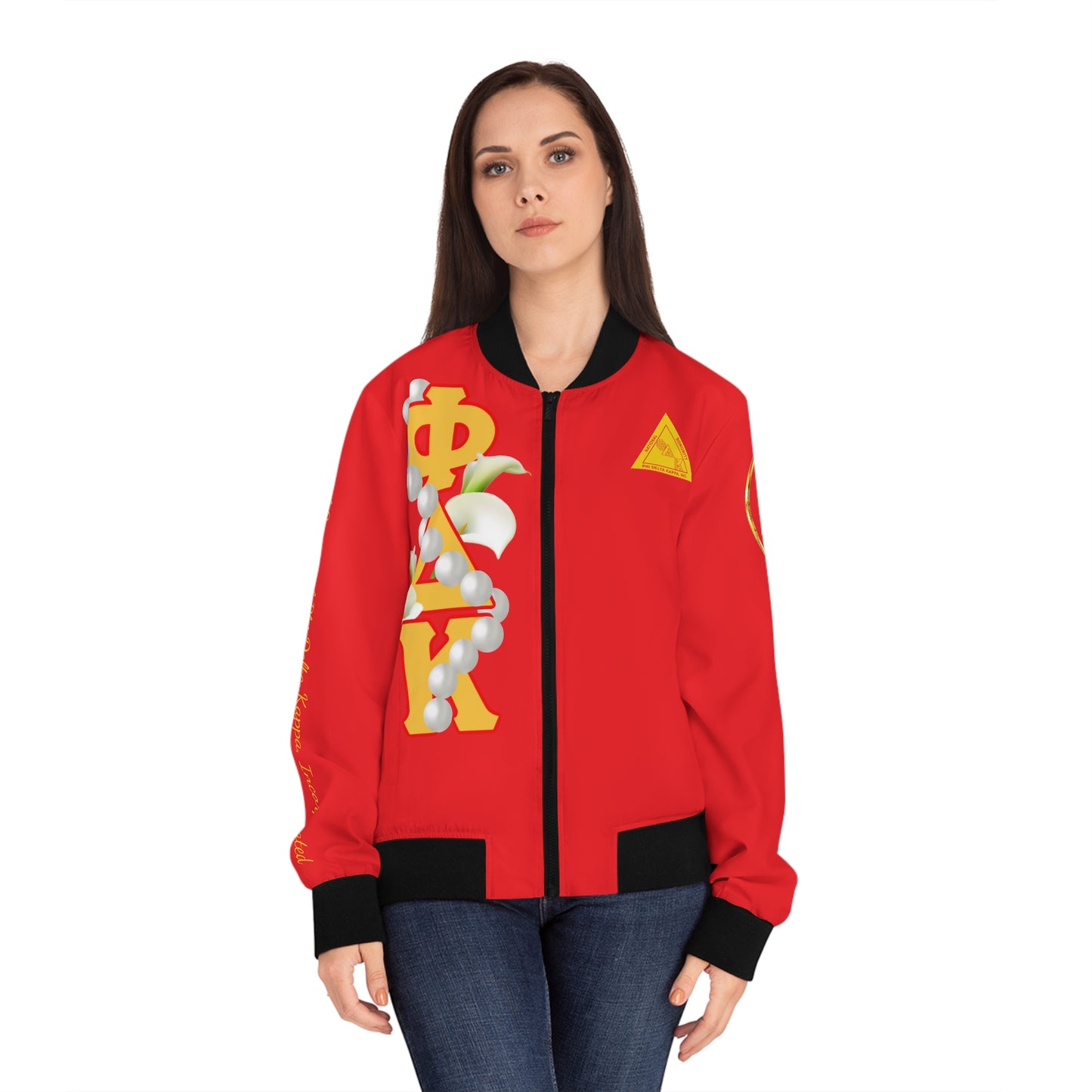 Women's Bomber Jacket Classic (AOP) Delta Pi Can be personalized
